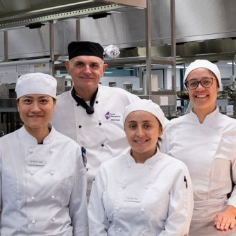 Lecturer and TAFE Hospitality students at Bentley Pines Restaurant kitchen