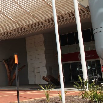 Entrance to TAFE East Perth campus building, leafy trees outside