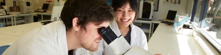 Two students using laboratory equipment