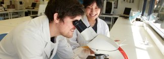 Two students using laboratory equipment