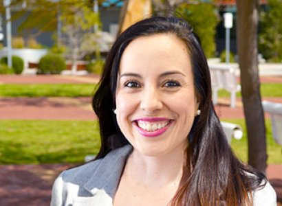 Student Adriana, in background is outdoor space at East Perth TAFE campus